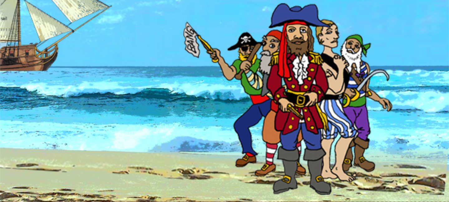 Five pirates stand on the beach with a ship in the background